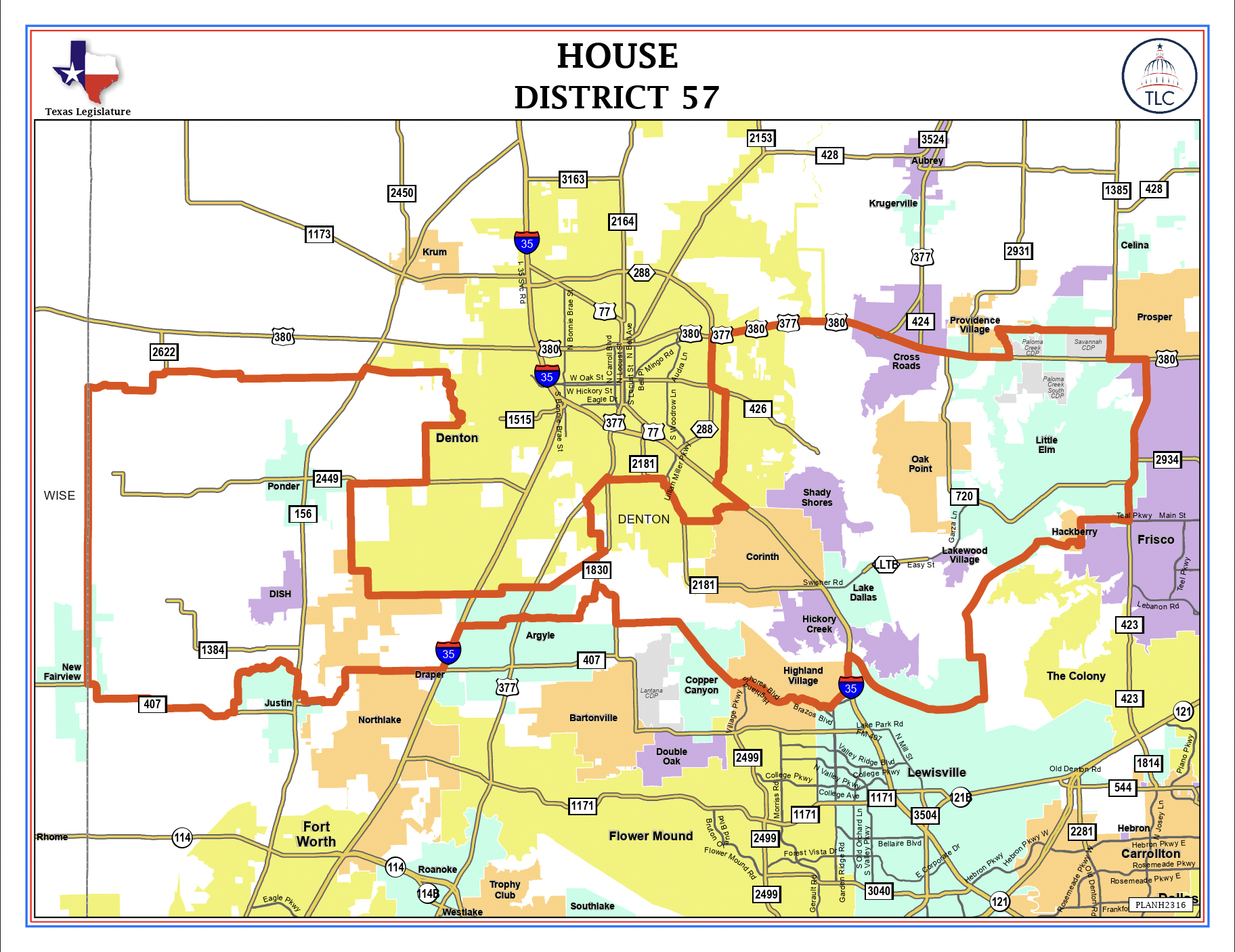 Map of Texas House District 57 in Denton County